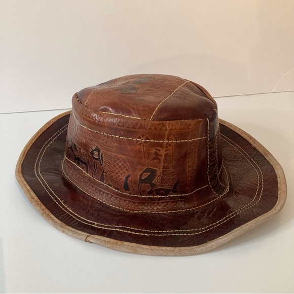 Unique Leather Gambler Hat with Elephant Embossing and Lacing - Picture 2 of 11